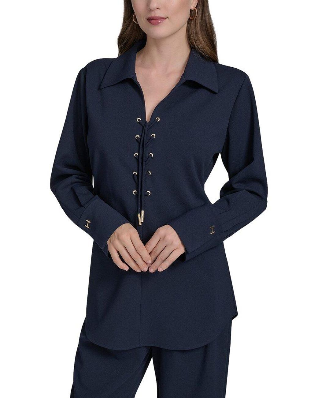 Halston Heritage Blue Lace-Up Blouse