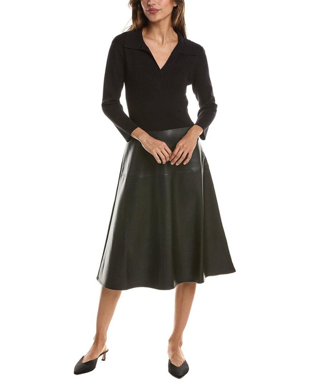 Tahari Black 3/4 Sleeve Split Collar Dress