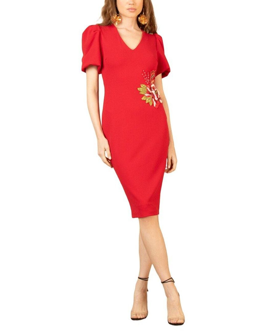 Hale Bob Red Short Sleeve V-Neck Dress
