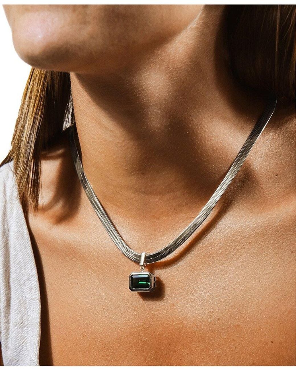 Sterling Forever Blue Emerald Cz Calder & Herringbone Pendant Necklace