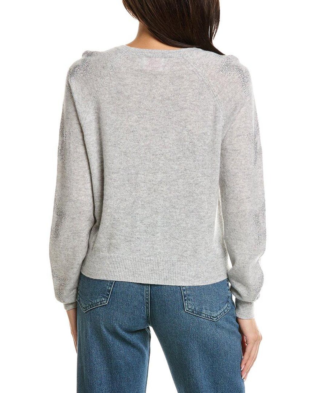 Brodie Cashmere Gray Star Dust Sleeve Crewneck 100% Cashmere Sweater