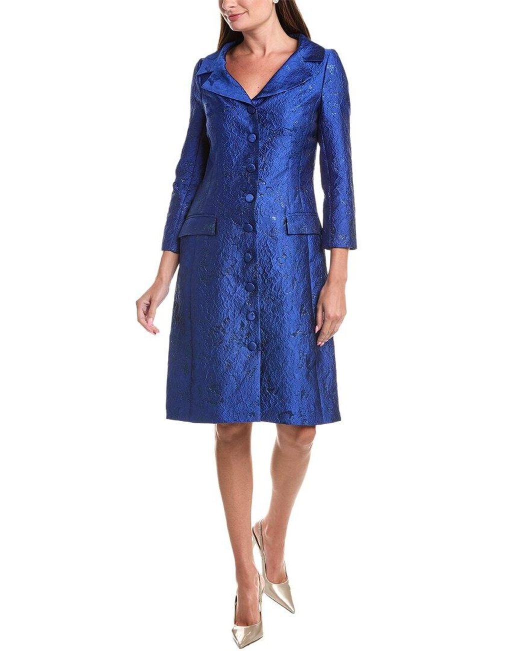 Teri Jon Blue Metallic Jacquard Coat Dress