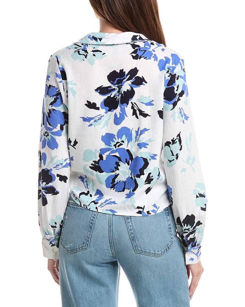 Ellen Tracy Blue Tie Front Linen-Blend Shirt