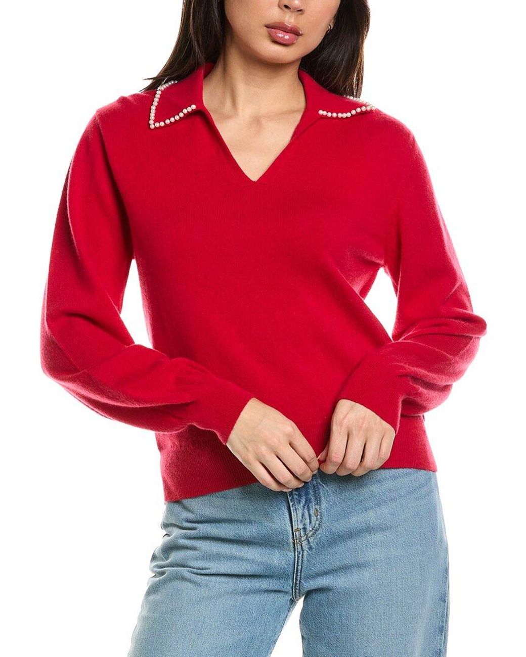 Brodie Cashmere Red Pearl Collar Wool & Cashmere-Blend Polo Sweater