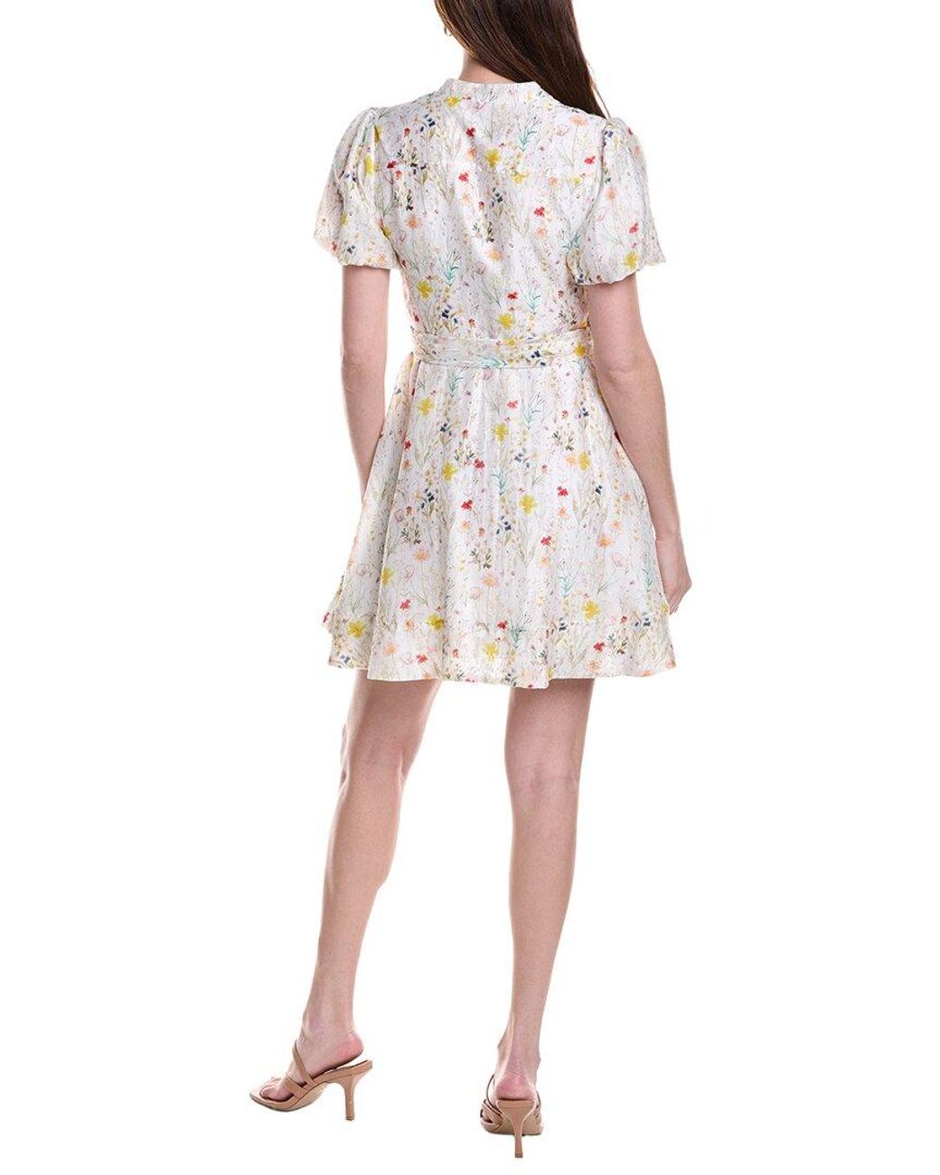 Vince Camuto White Puff Sleeve Belted Al-Line Belted Linen-Blend Mini Dress