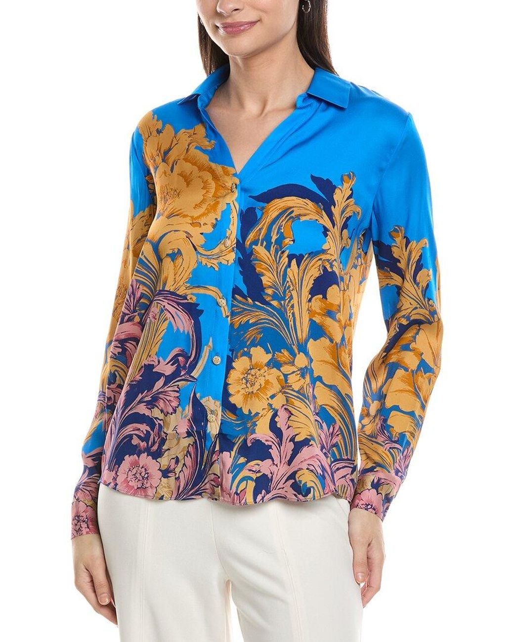 Tahari Blue Printed Silk-Blend Blouse