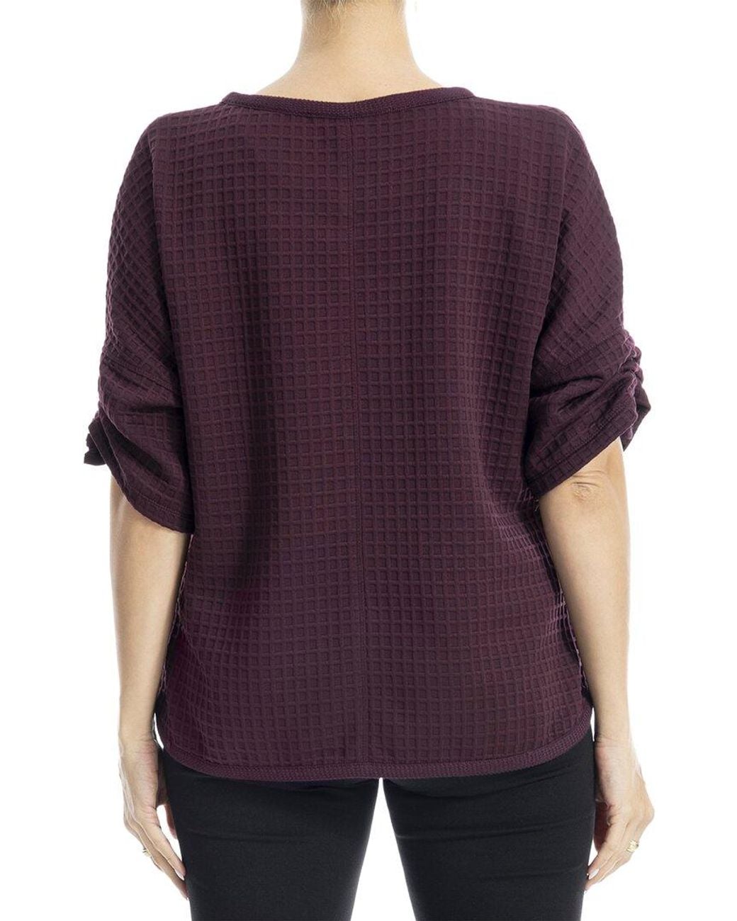 Max Studio Purple Ruched Sleeve Boat Neck Top
