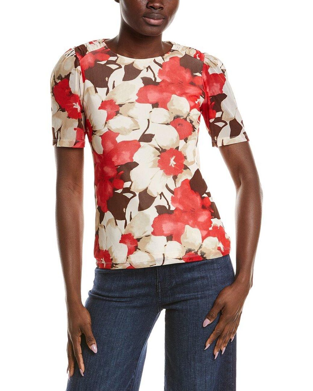 Anne Klein Red Printed Mesh Top