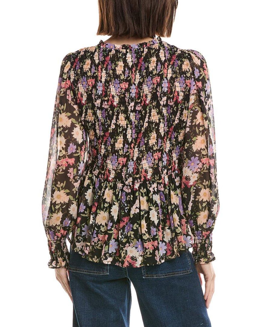 Cece Brown Smocked Bodice & Cuff Peplum Top