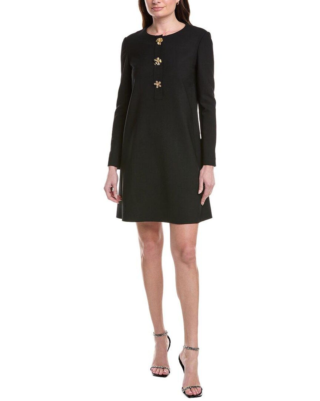 Oscar de la Renta Black Jewel Button Silk-Lined Wool-Blend Shift Dress