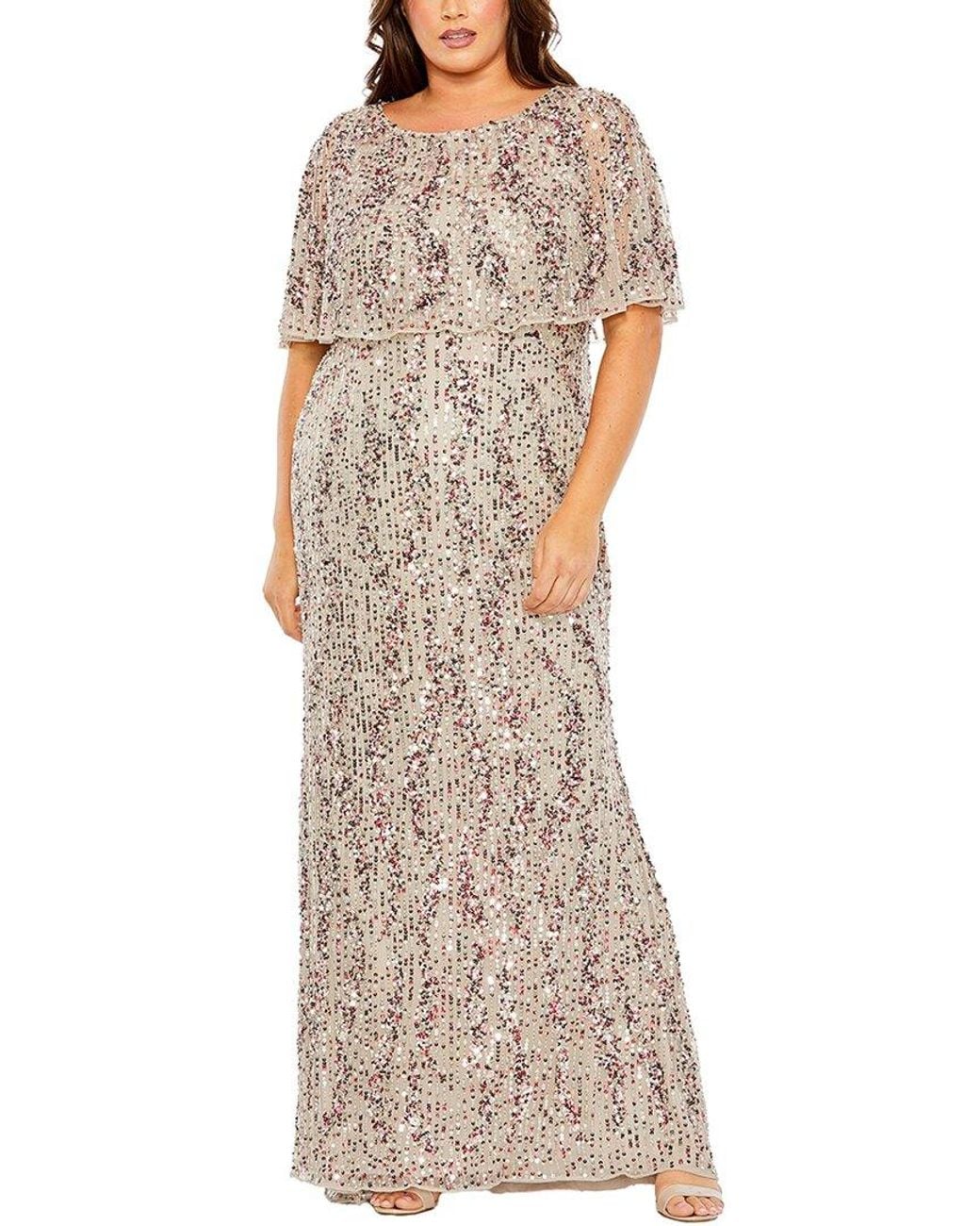 Mac Duggal Gray Plus Embellished Sequin Column Capelet Gown