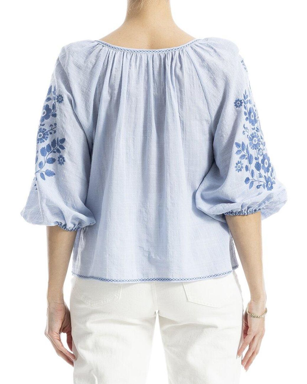 Max Studio Blue Embroidered V-Neck Ballon Sleeve Blouse