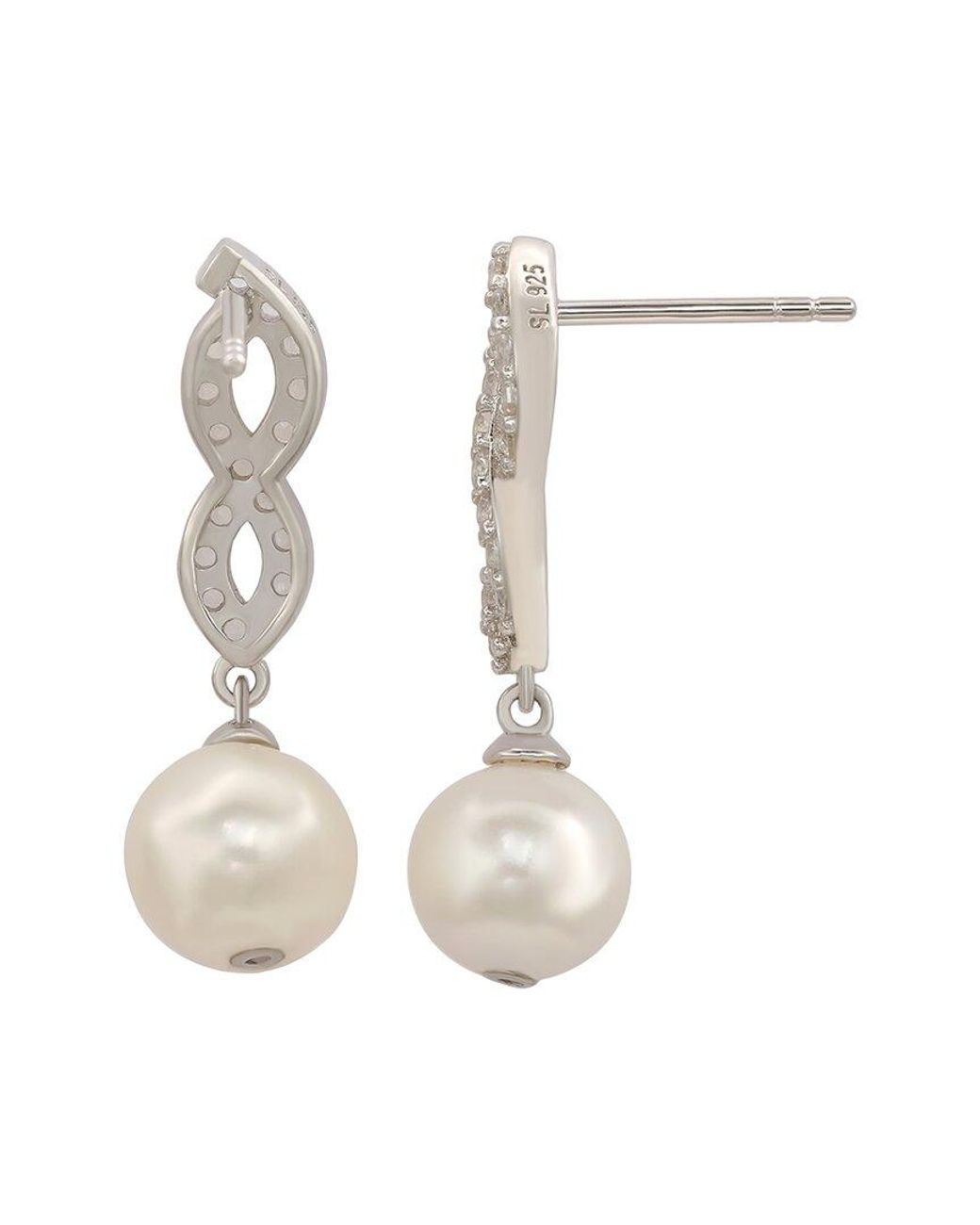 Suzy Levian Silver Created White Sapphire & 8mm Pearl Infinity Dangle Earring