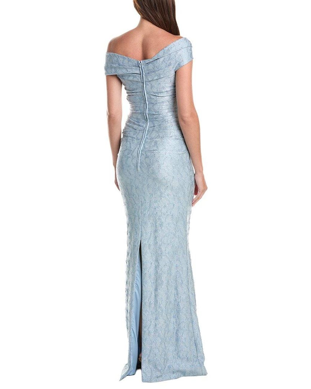 Teri Jon Blue Metallic Jacquard Off-Shoulder Pleated Gown