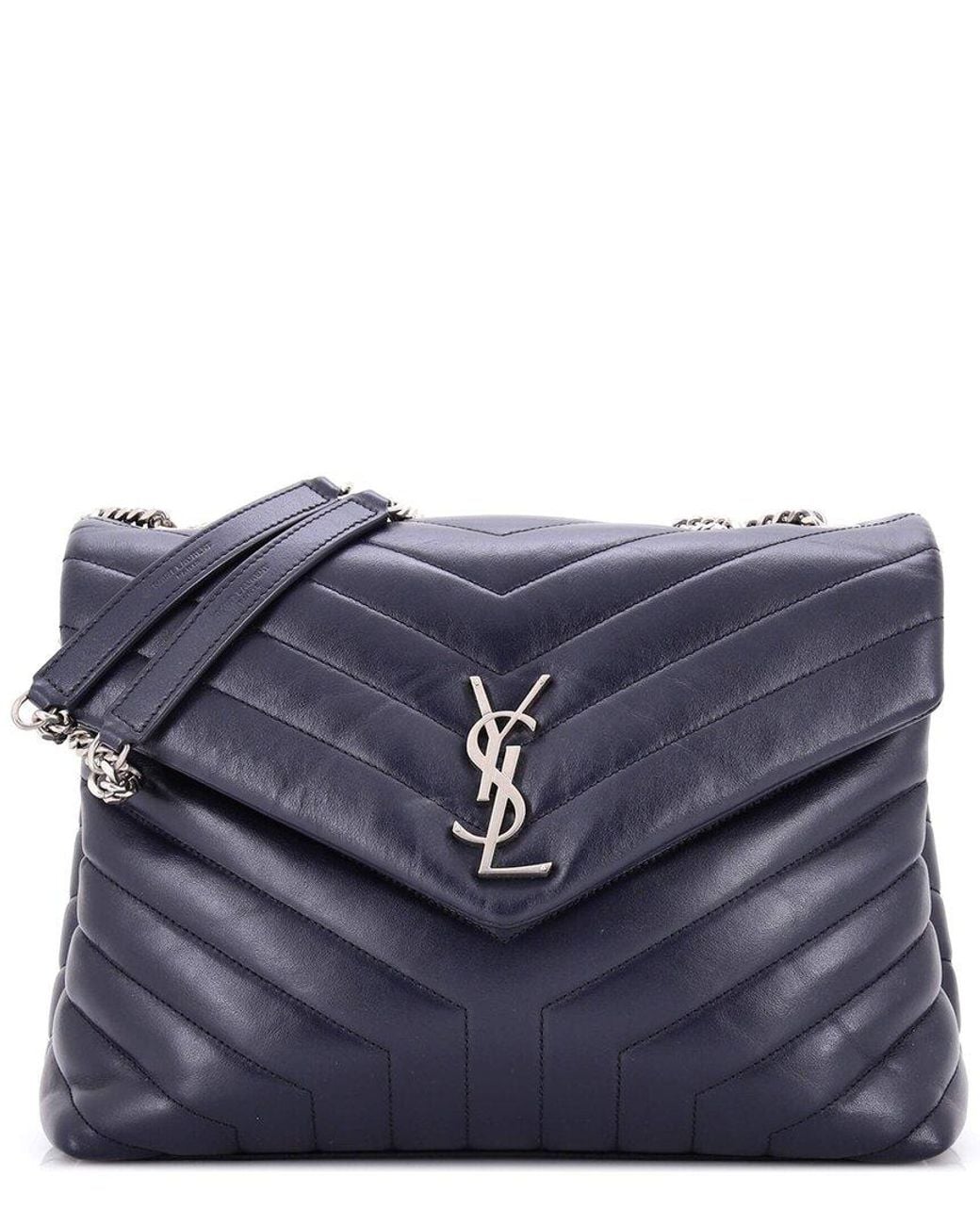 Saint Laurent Blue Matelasse Chevron Leather Loulou Shoulder Bag Medium (Authentic Pre-Loved)