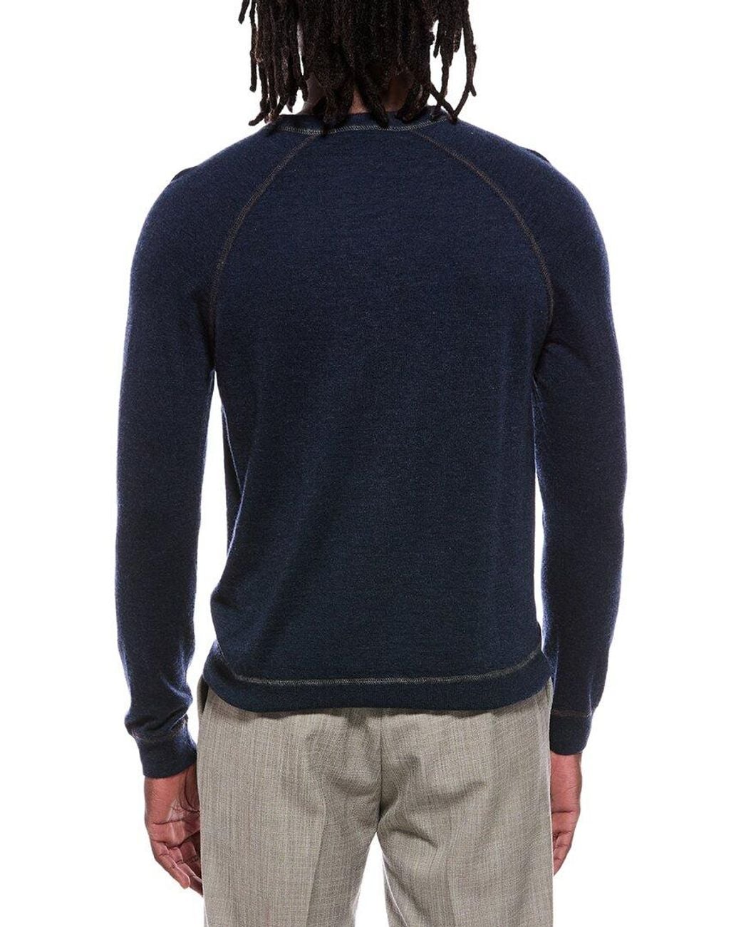 Autumn Cashmere Blue Raglan Color Coverstitch 100% Cashmere Crewneck Sweater for men