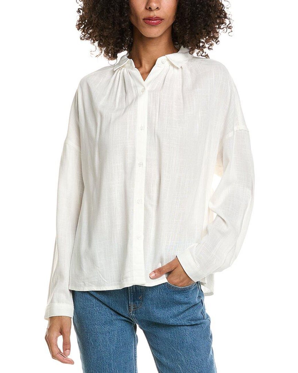 Max Studio White Shirred Yoke Linen-Blend Shirt