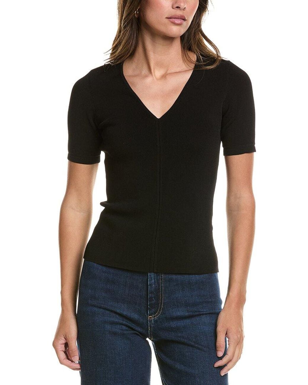 3.1 Phillip Lim Black Compact Rib Short Sleeve V-Neck Top