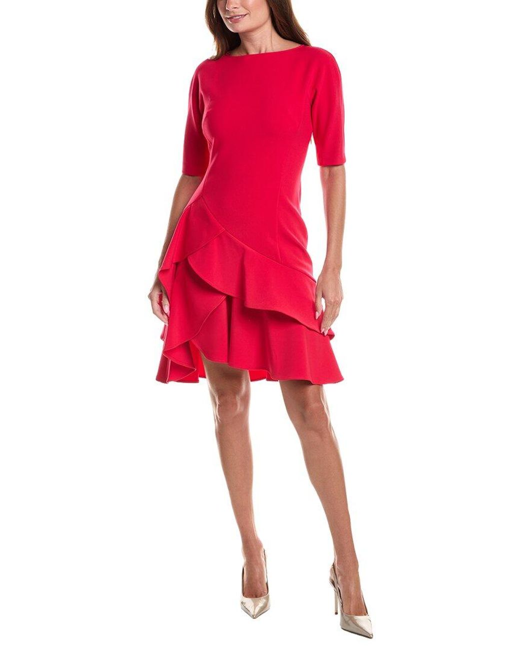 Teri Jon Red Stretch Crepe Double Ruffle Cocktail Dress