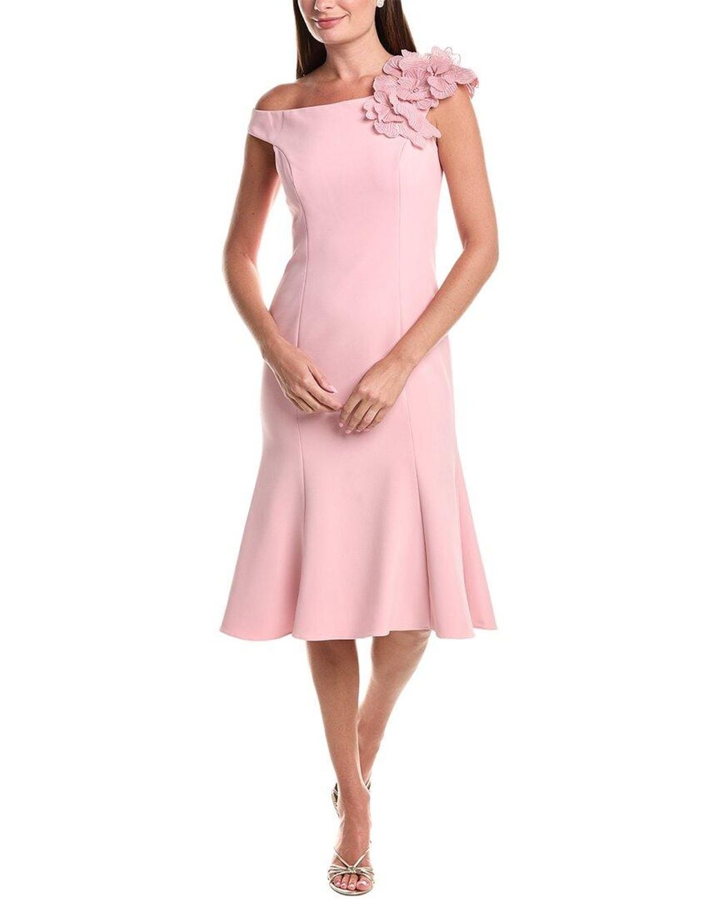 Teri Jon Pink Crepe Off-Shoulder Trumpet Hem Dress