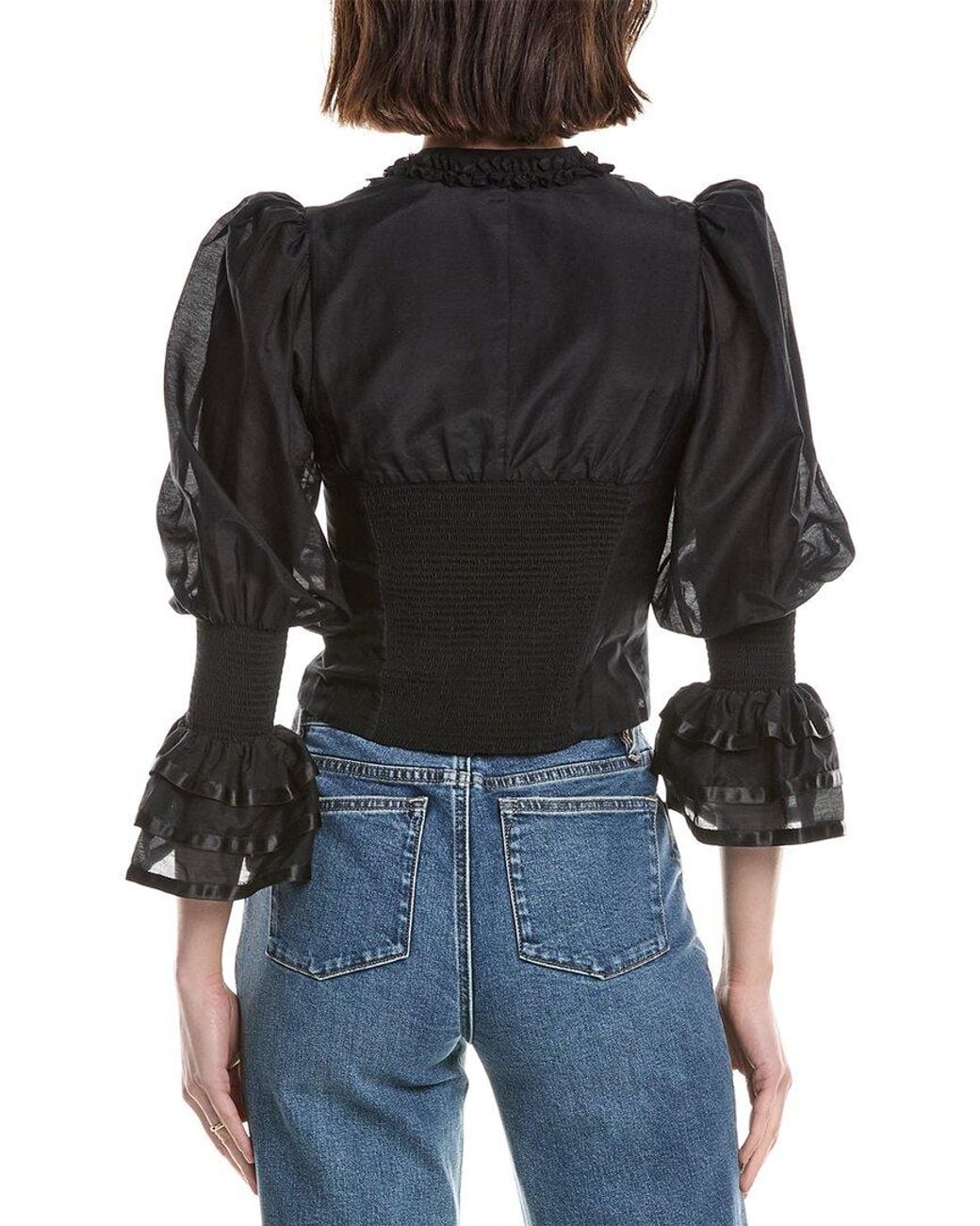 Alice + Olivia Black Vicky Cropped Victorian Silk-Blend Blouse
