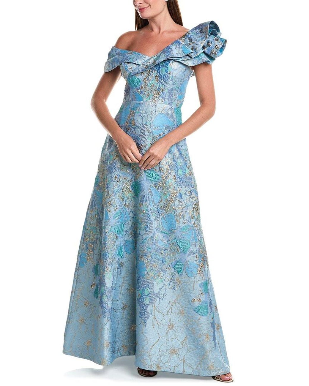 Teri Jon Blue Metallic Jacquard Gown