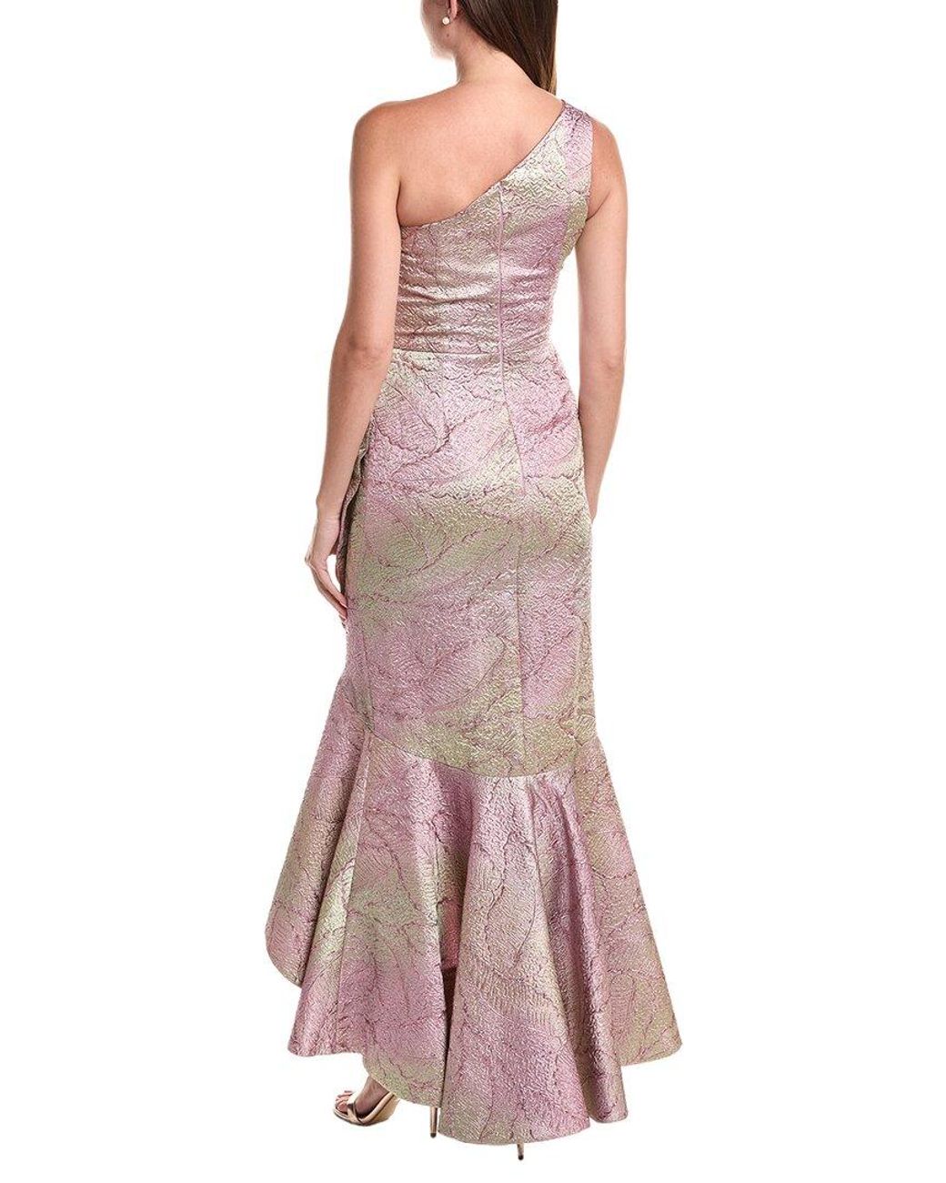 Teri Jon Pink Metallic Jacquard Leaf Pattern High-Low Dress