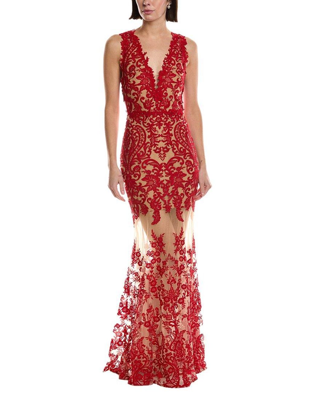 Marchesa Sleeveless Deep V-Neck Embroidered Gown