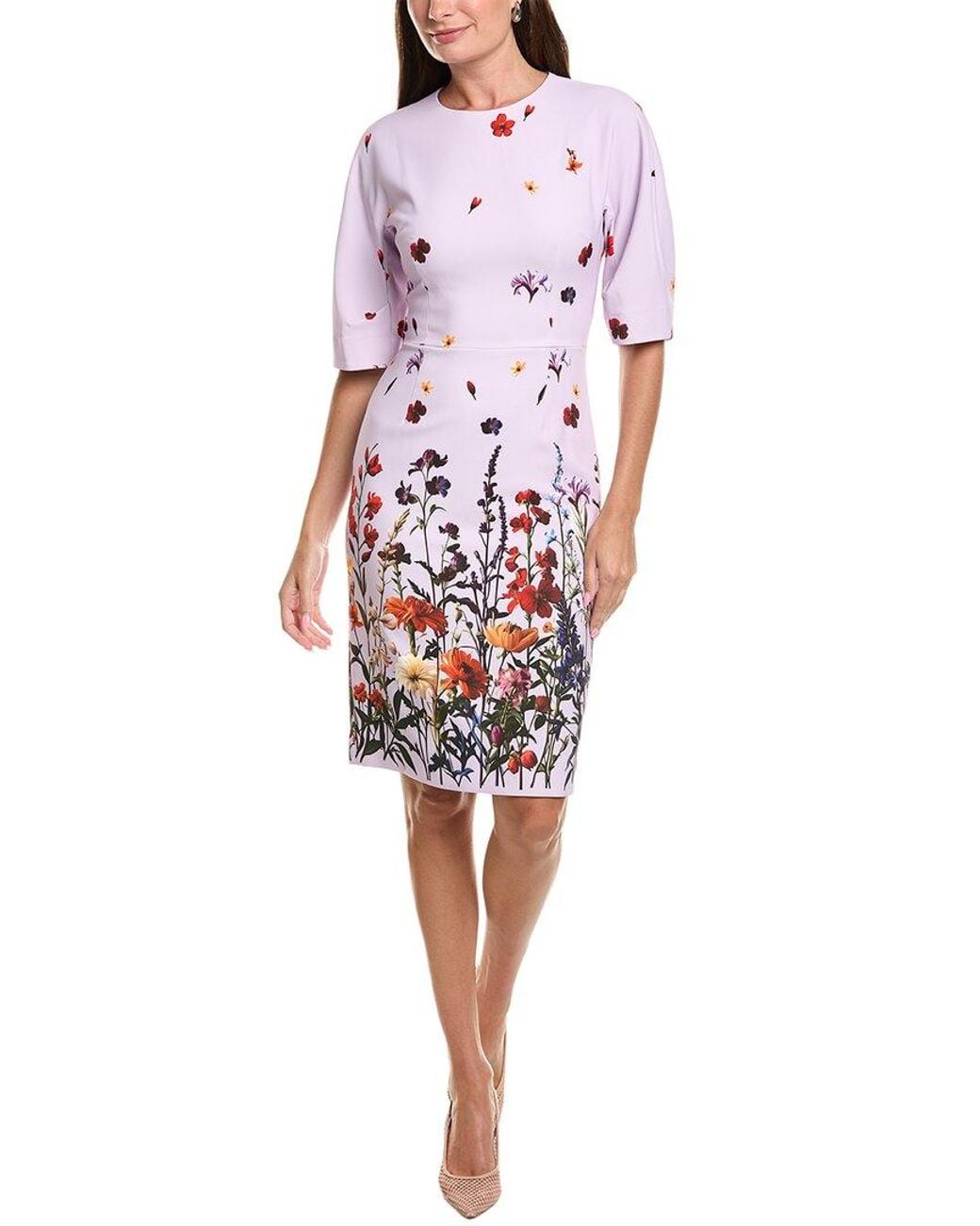 Teri Jon Red Crepe Floral Placement Print Wide Sleeve Sheath Dre