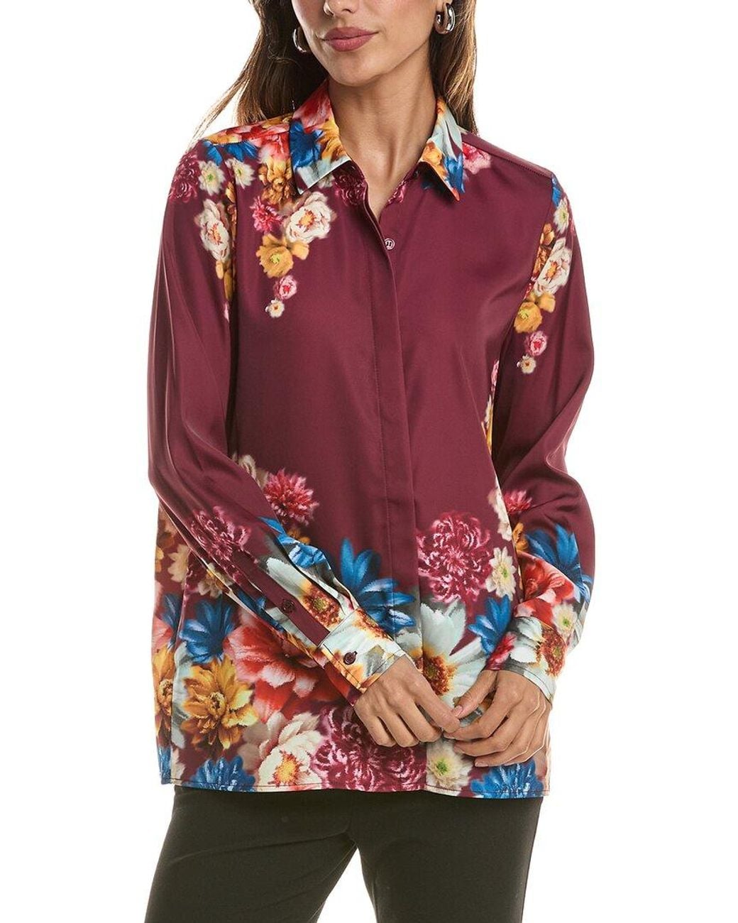 Tahari Red Button Down Tunic Blouse