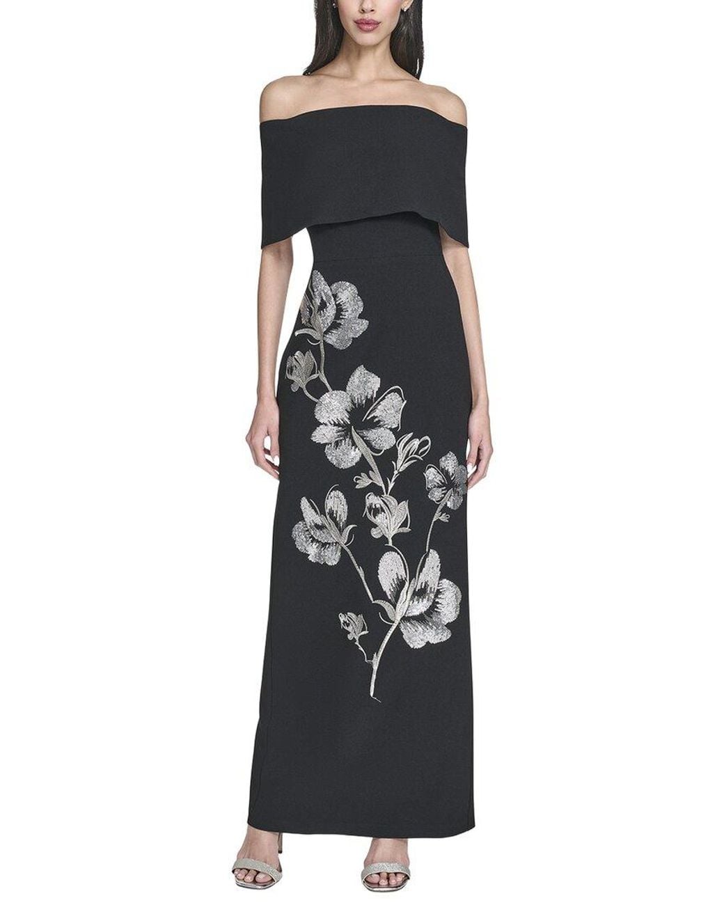 Vince Camuto Black Printed Off The Shoulder Maxi Dress