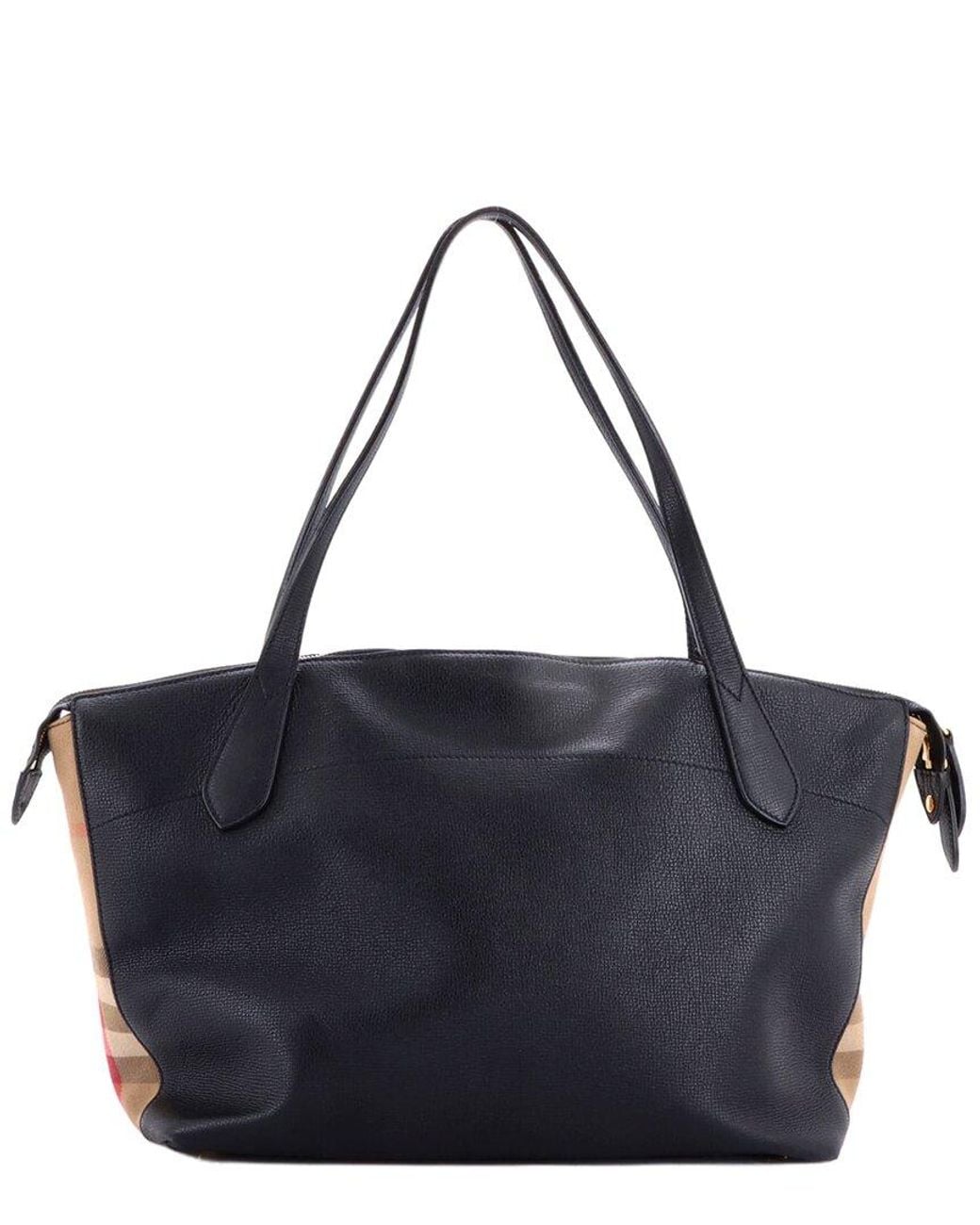 Burberry Blue Leather & House Check Canvas Welburn Tote Medium (Authentic Pre-Loved)