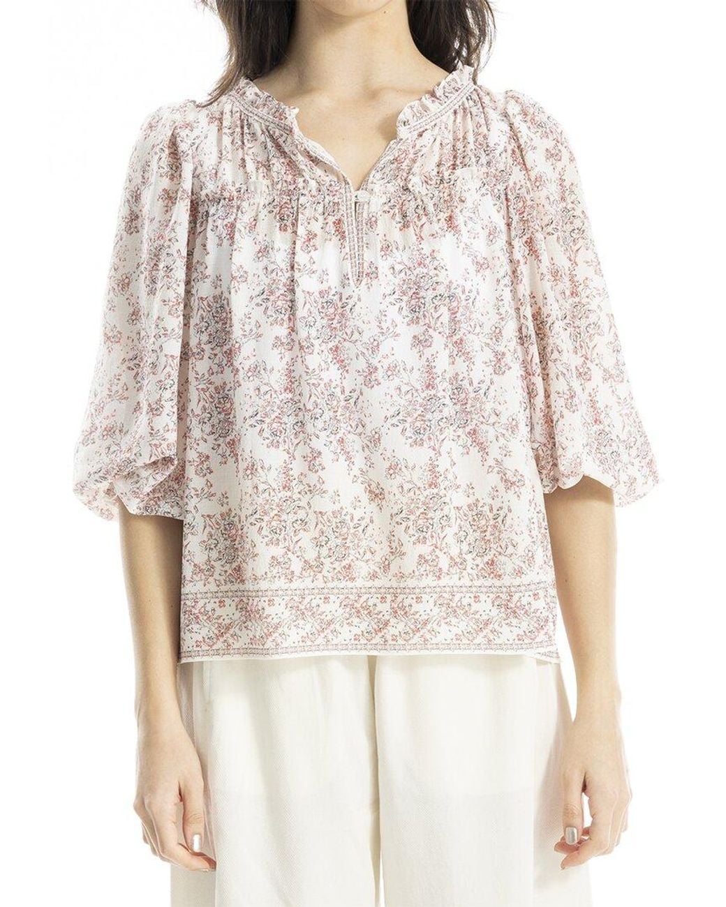 Max Studio Natural V-Neck Puff Sleeve Top