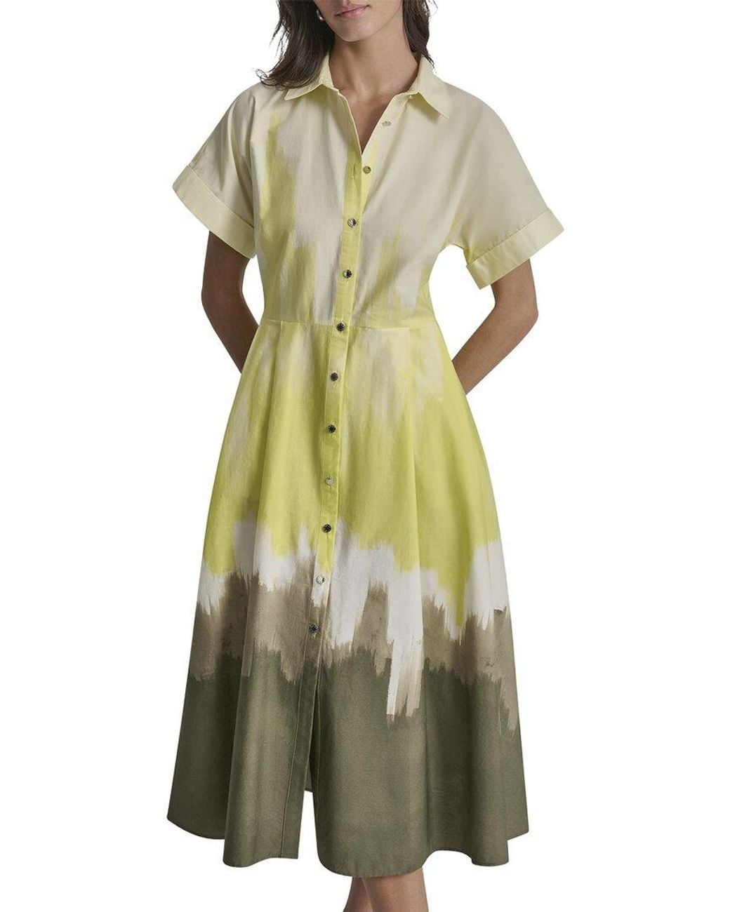 DKNY Green Printed Extended Sleeve Button-Down Dress