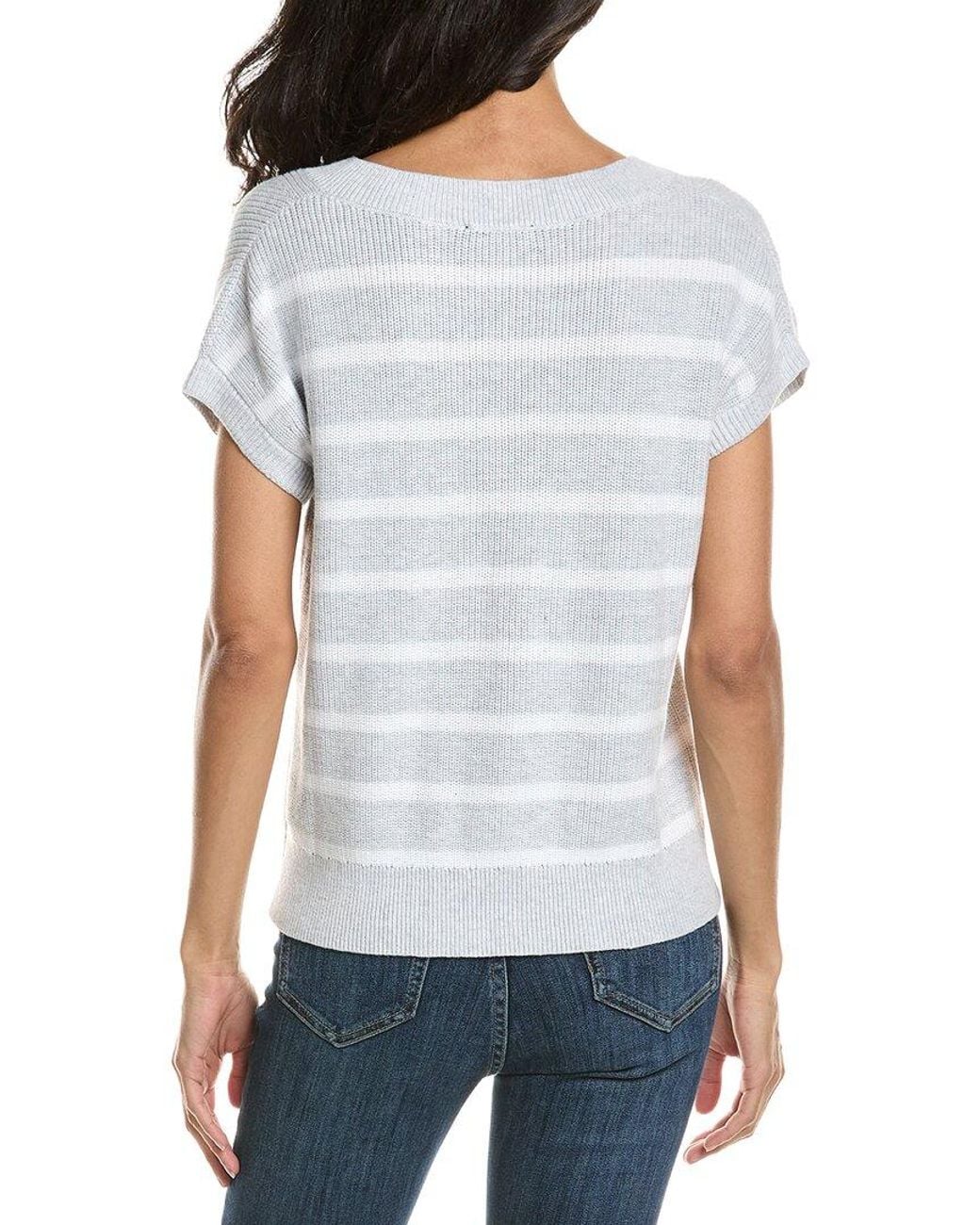 Forte Gray Stripe Cap Sleeve V-Neck Sweater