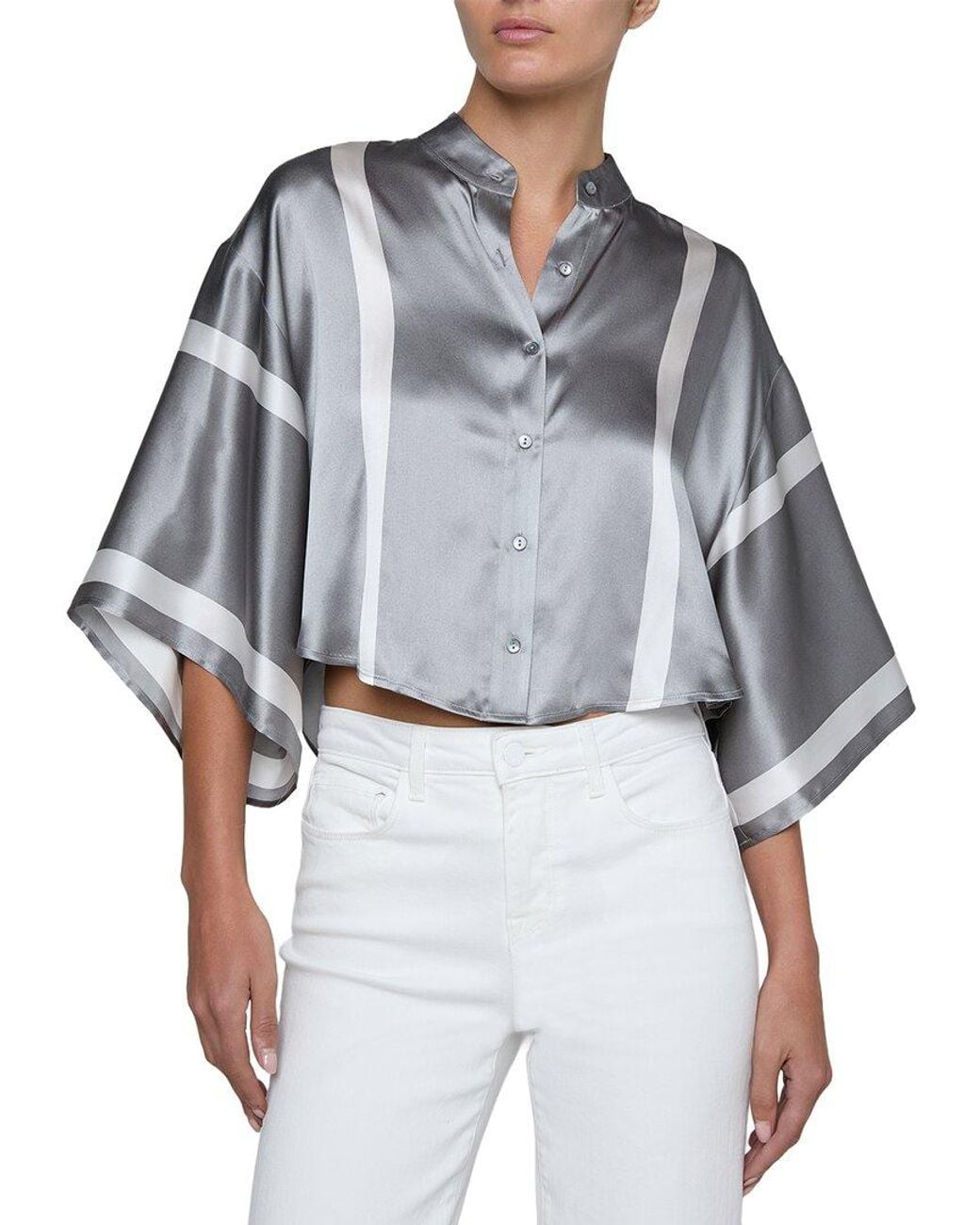 L'Agence Blue Dru Mandarin Crop Silk Blouse