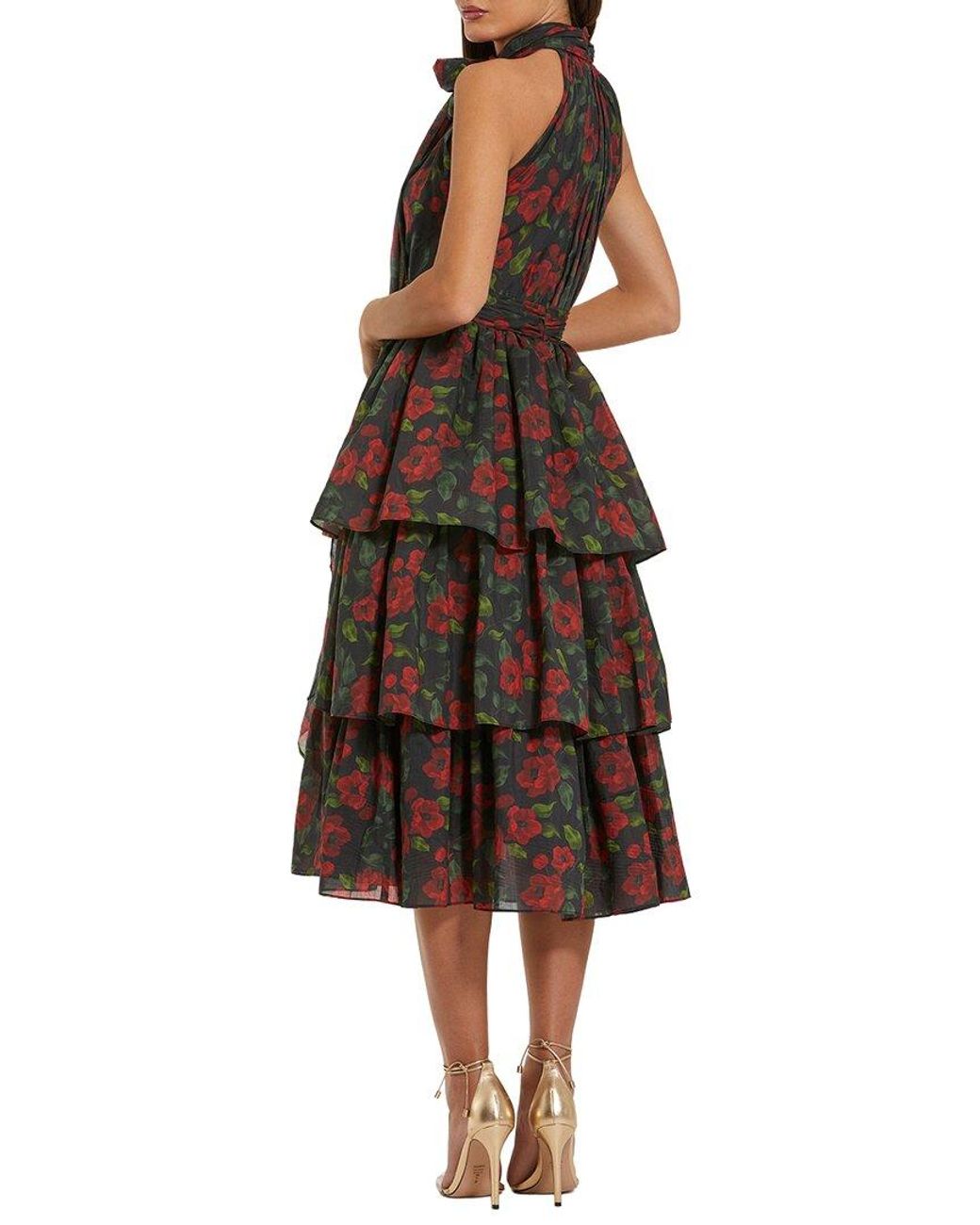 Mac Duggal Brown Floral Chiffon Tiered Midi Dress With Neck Bow