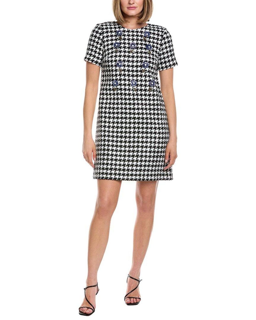 Carolina Herrera Blue Houndstooth Linen-Blend Shift Dress