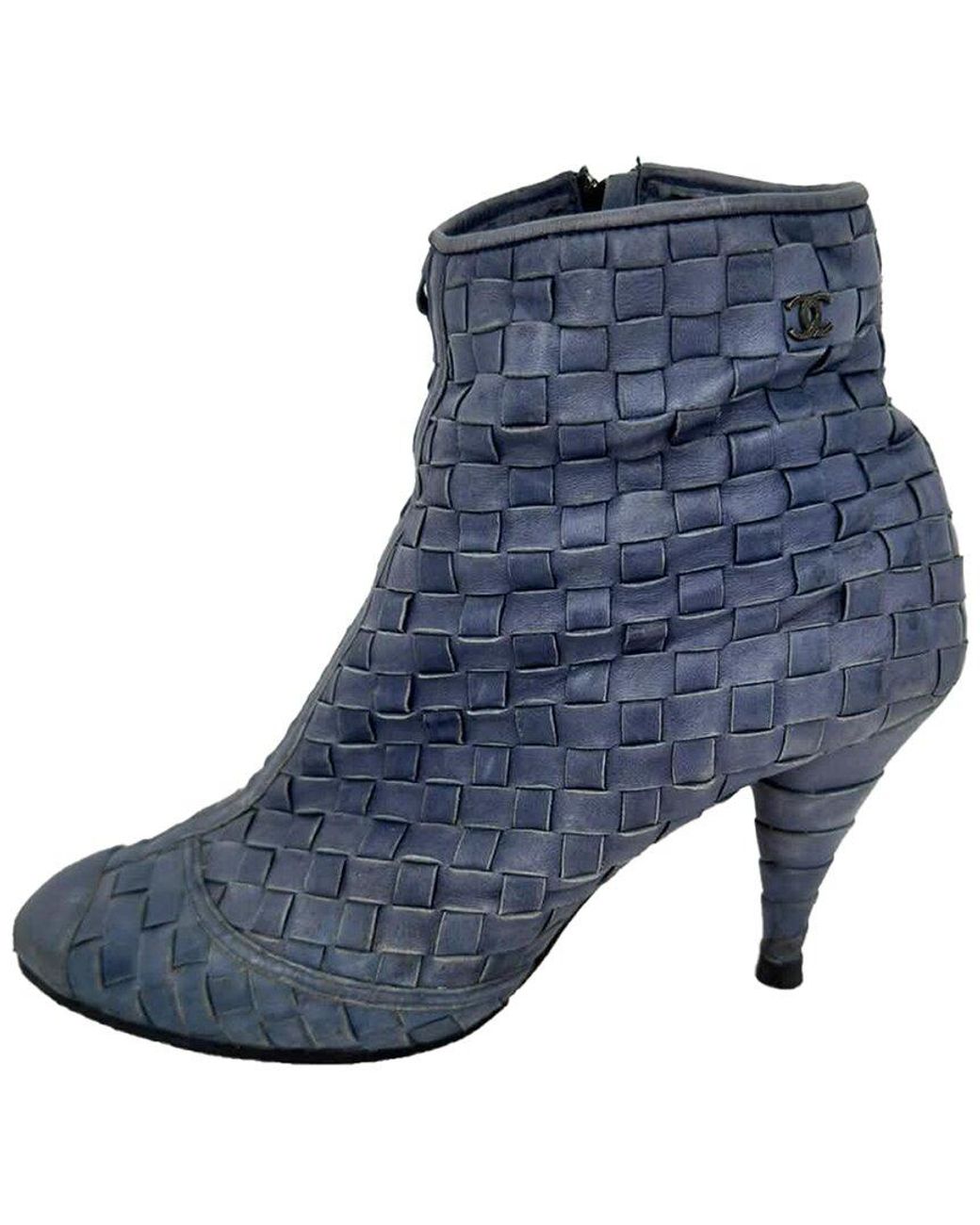 Chanel Blue Leather Cc Woven Accent Bootie (Authentic Pre-Loved)
