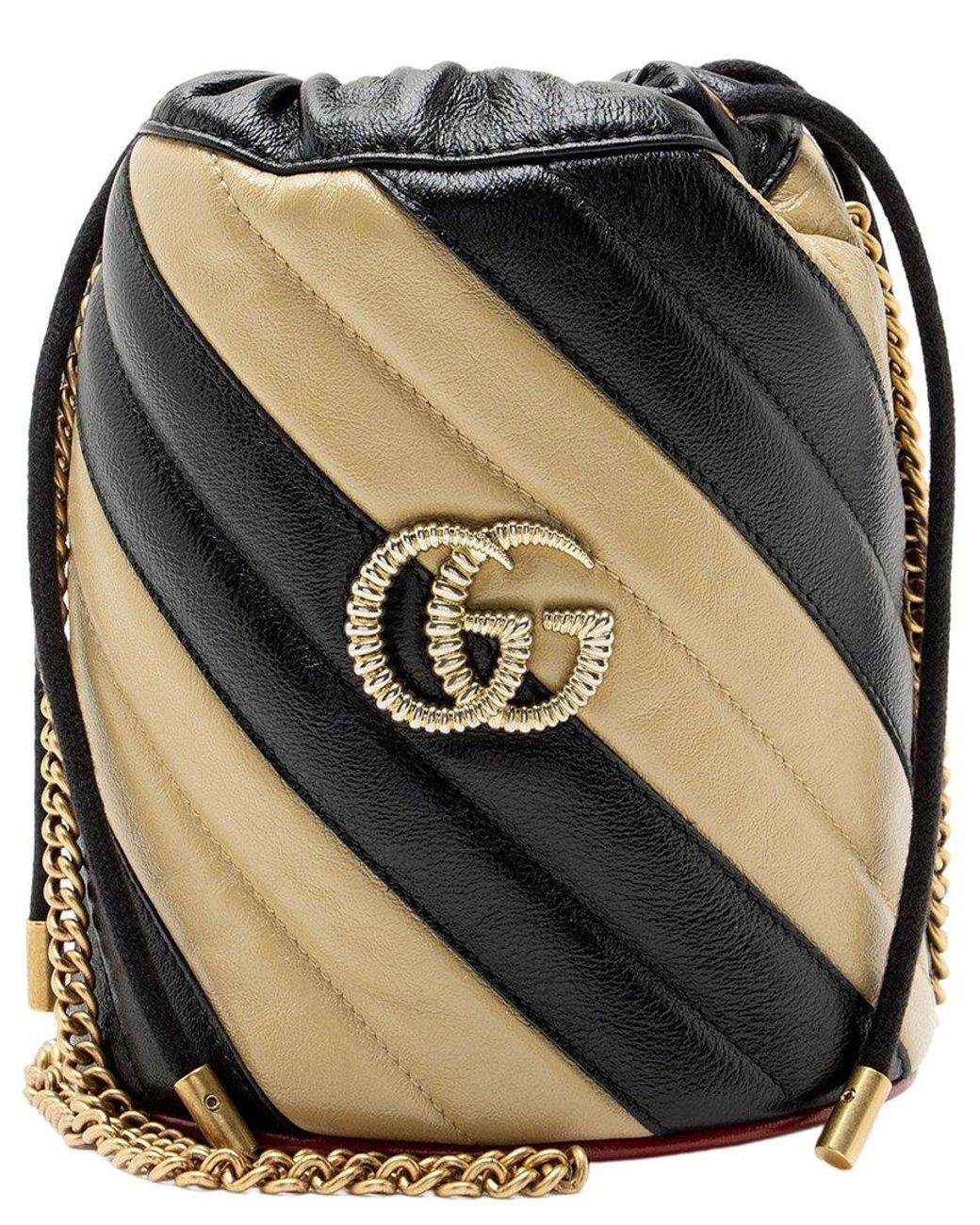 Gucci Black Beige Matelasse Leather Torchon GG Marmont Small Bucket Bag (authentic Pre-loved)