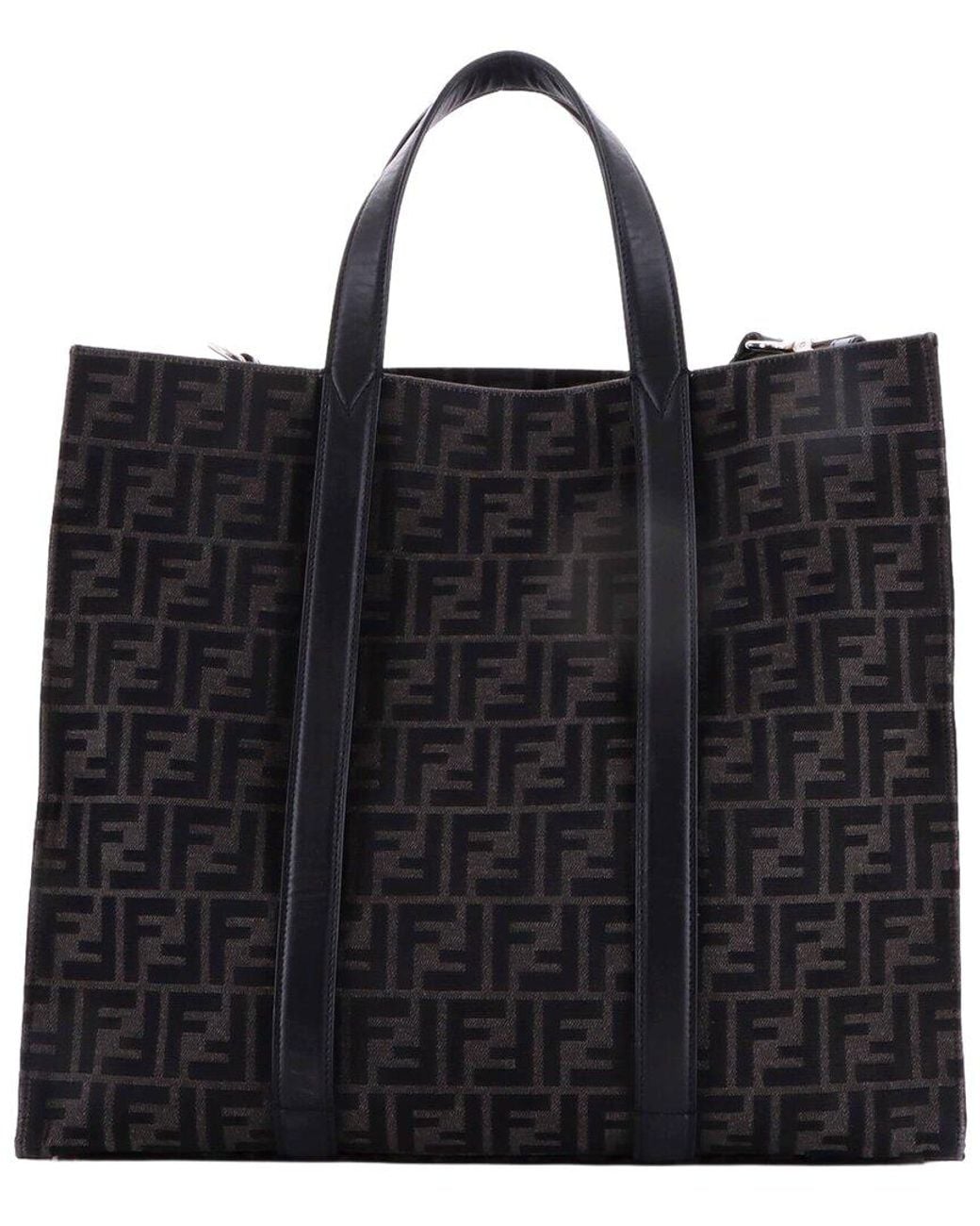 Fendi Black Zucca Jacquard Fabric & Leather Convertible Open Tote Large (Authentic Pre-Loved)
