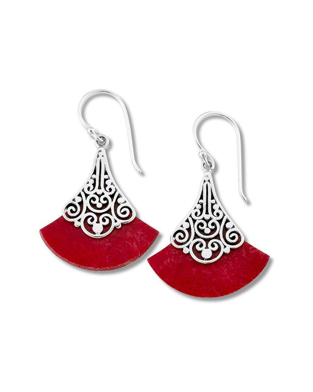 Samuel B. Red Silver Coral Filigree Drop Earrings