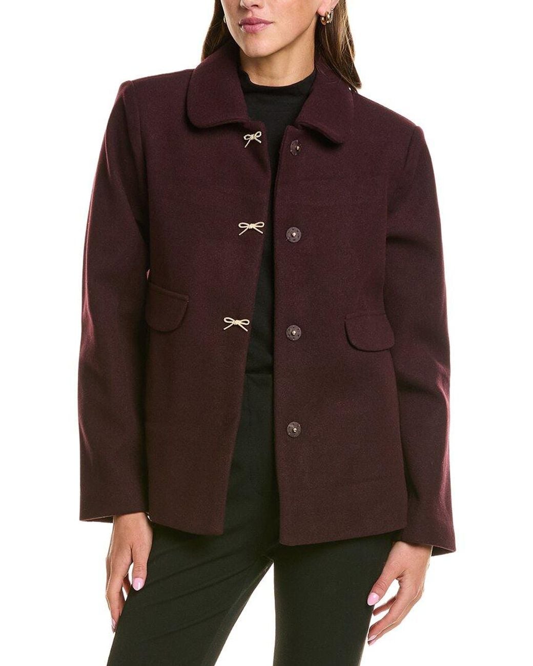 Cece Brown Short Swing Bow Buttons Jacket