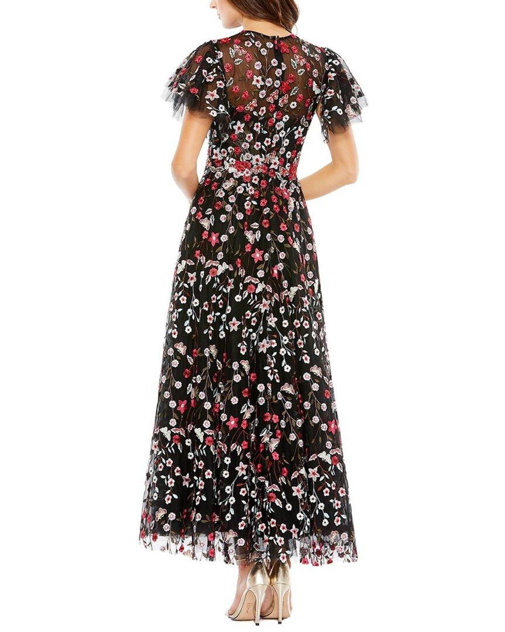 Mac Duggal Black Floral Embroidered Flutter-sleeve Midi-dress