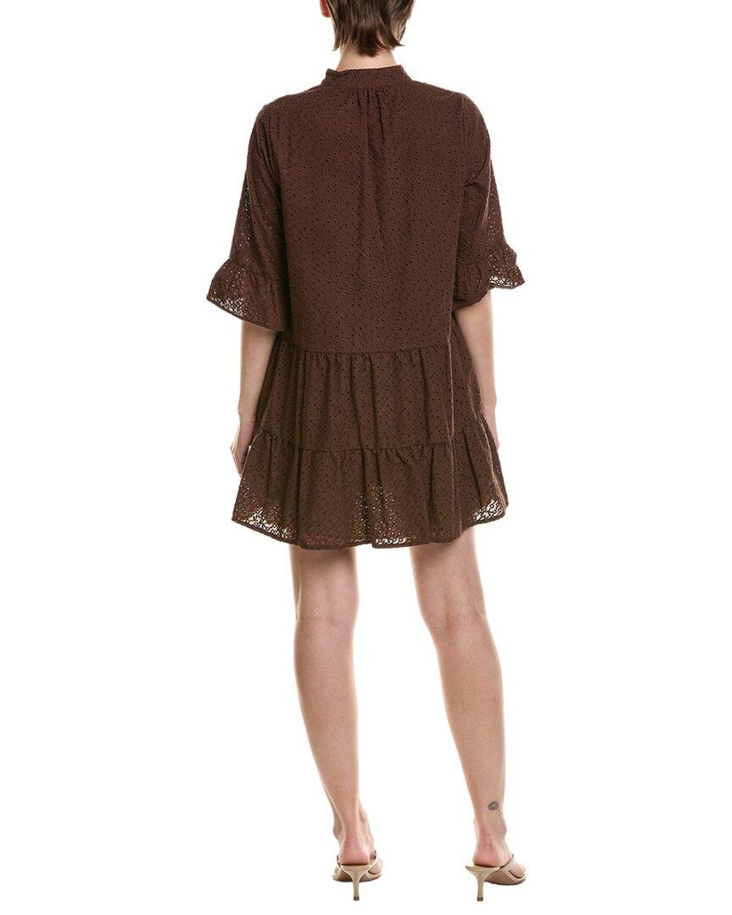 Anne Klein Brown Petite Stand Collar Tiered Shirtdress