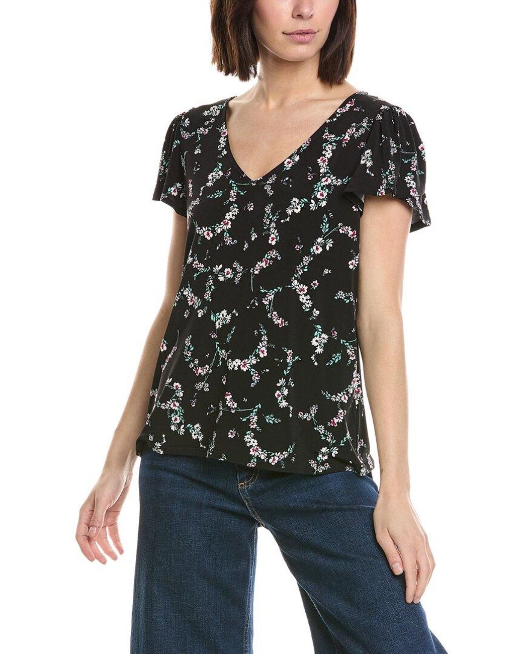 Cece Black V-Neck Tulip Sleeve Knit Top