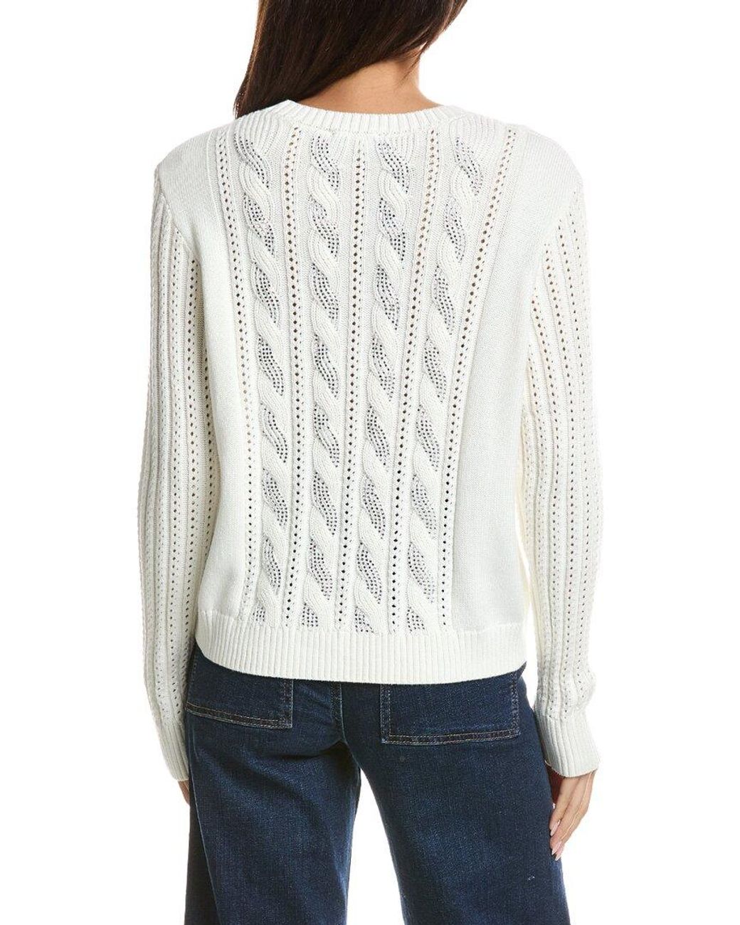 Forte White Crystal Cable Pointelle Sweater