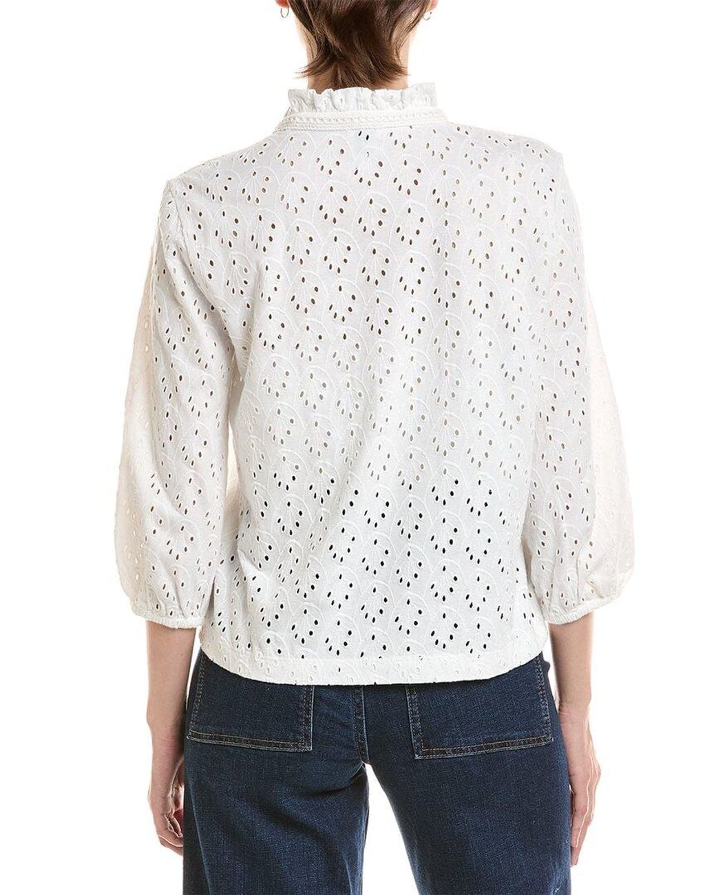 NIC+ZOE White Petite Knit Eyelet Ruffle Neck Top