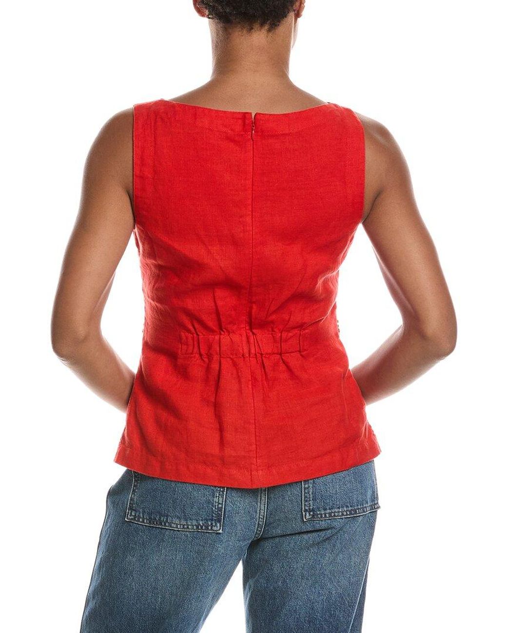 Madewell Red Cinched Boatneck Sleeveless Linen Top