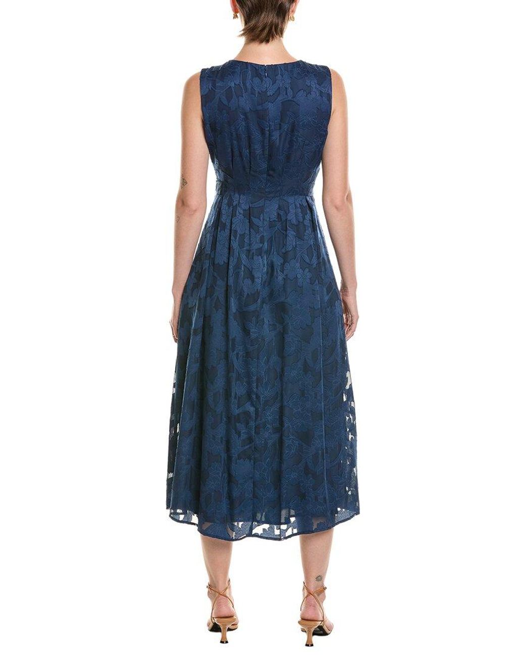 Anne Klein Blue Pleated Neckline A-Line Midi Dress